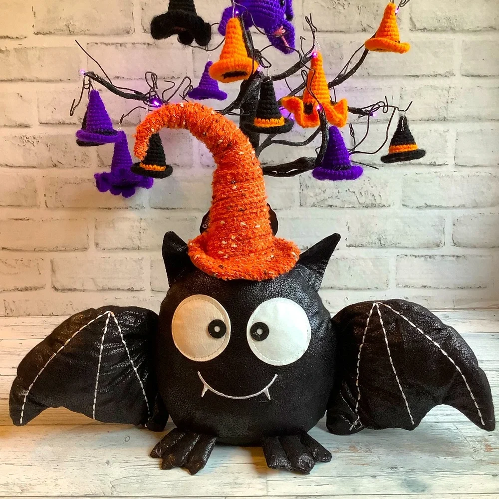 16” Plush Halloween Bat With Witch Hat Decor